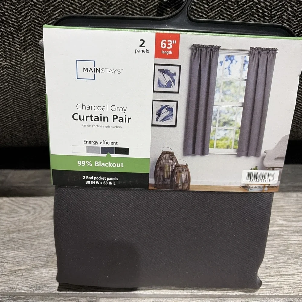 Mainstays Curtain Pair Blackout Charcoal Gray Rod Pocket 30x63 NWT Modern 2pk